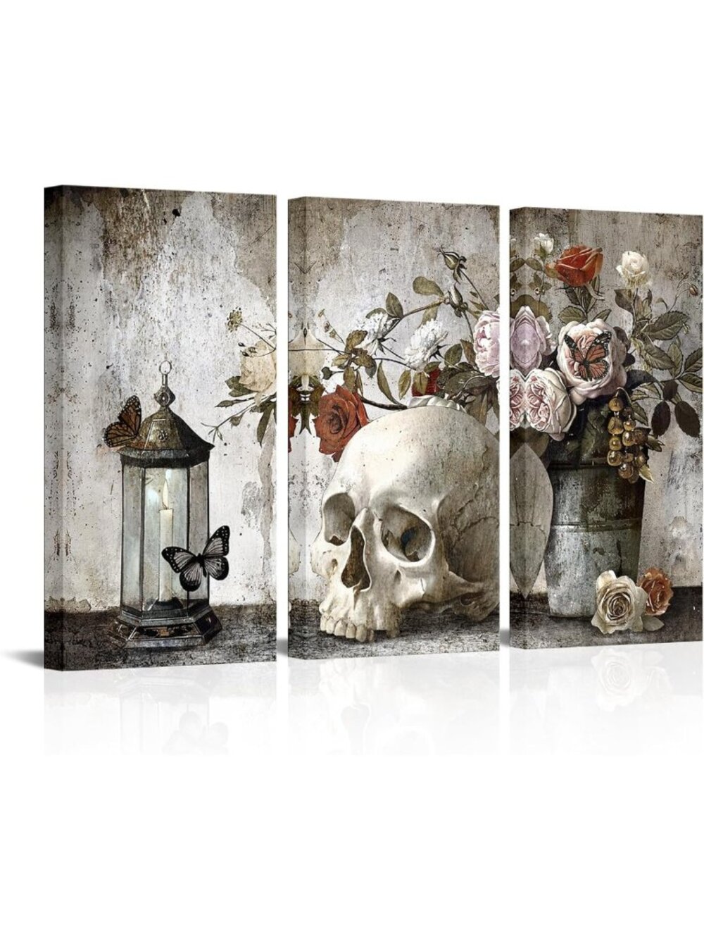 Large Vintage Skull Canvas Wall Art Set - Floral Halloween Decor for Home